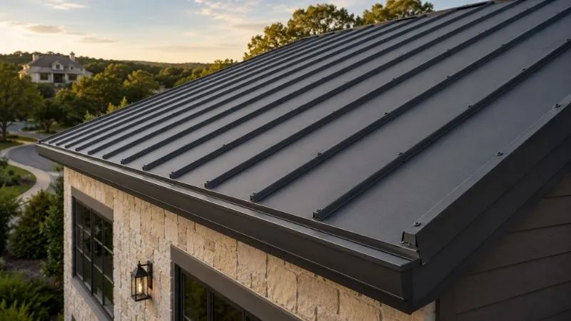 Exposed-fastener metal panel roof on a workshop building at sunset