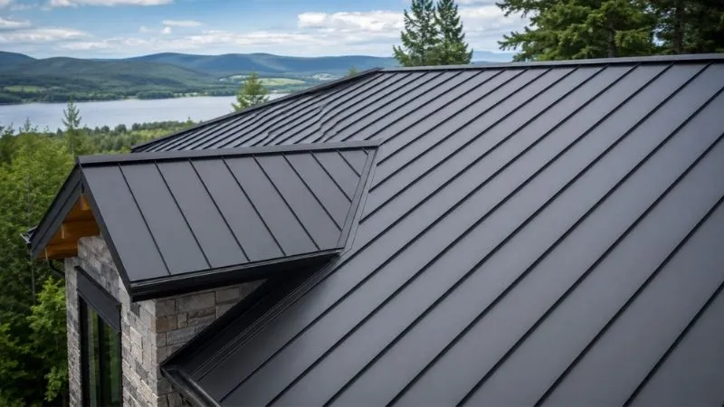 Dark standing seam metal roof with hidden fasteners on a Central Texas home