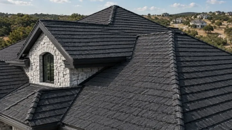 Stone-coated steel roof with a shingle look on a suburban Round Rock home
